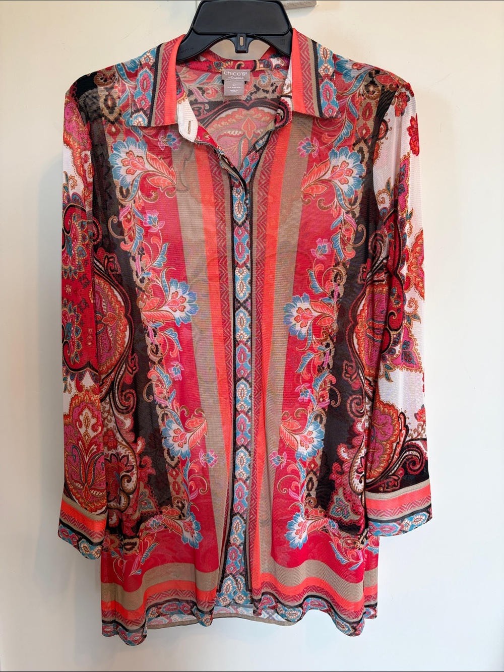 Chico’s Travelers Sheer Paisley Button Front Tunic 2 Red Boho Mesh Shirt